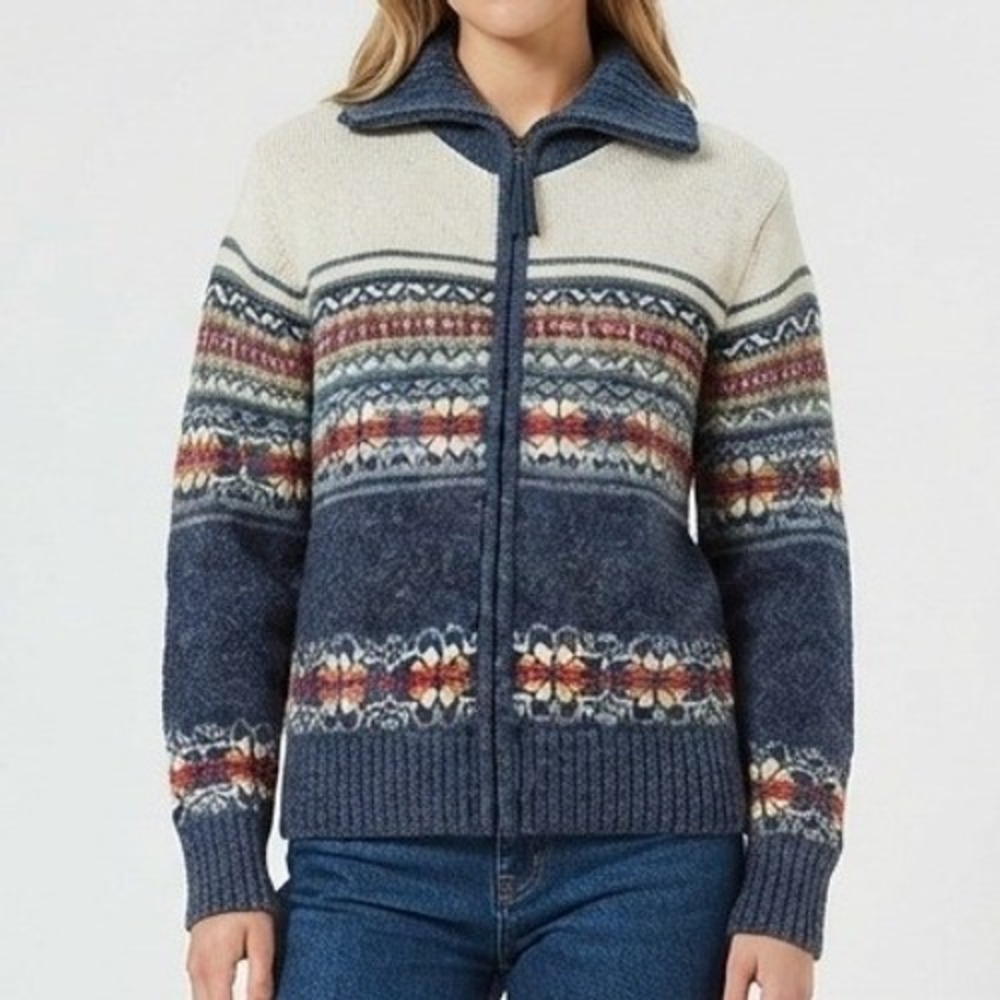 Tiara International Zip Cardigan Womens Large Blue Fair Isle Nordic Sweater
